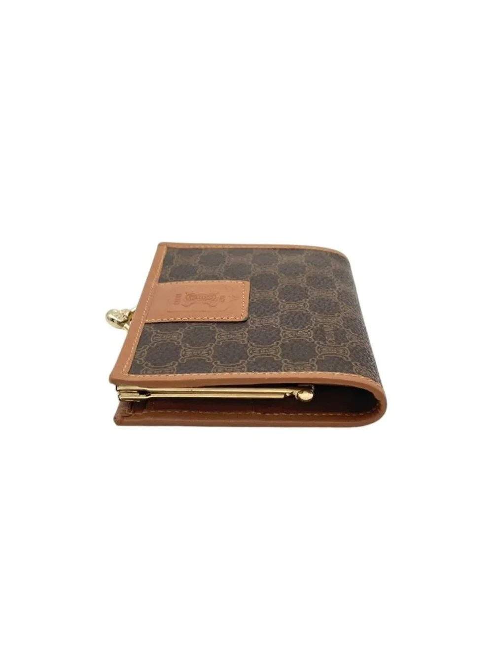 Celine Macadam Pattern Kiss Lock Bifold Wallet Vintage Mini Leather Brown Gold